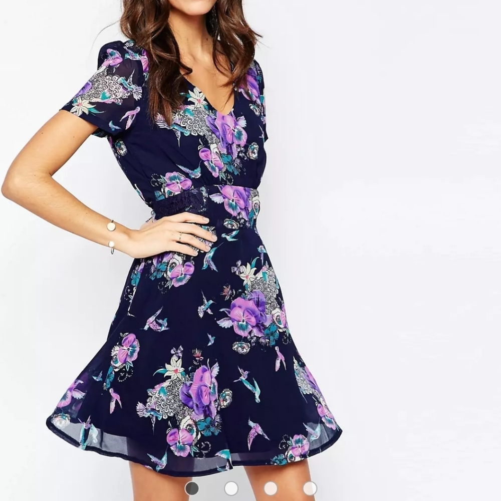 Floral V-Neck Navy Mini Dress with Purple Blooms